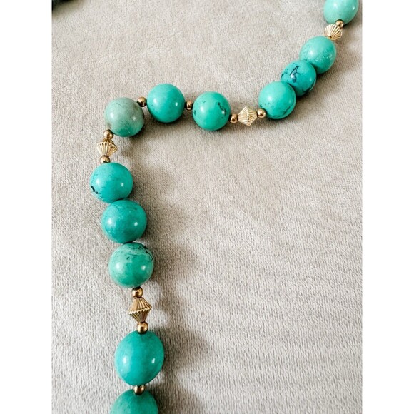 Vintage Chinese Turquoise Carved Shou Bead Strand Gold Plated Necklace - Picture 3 of 5